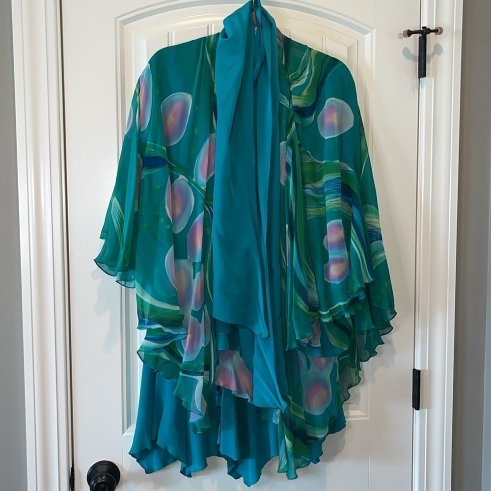 Multi piece Yolanda Lorente teal silk hand painted top skirt and topper size M - Picture 15 of 15